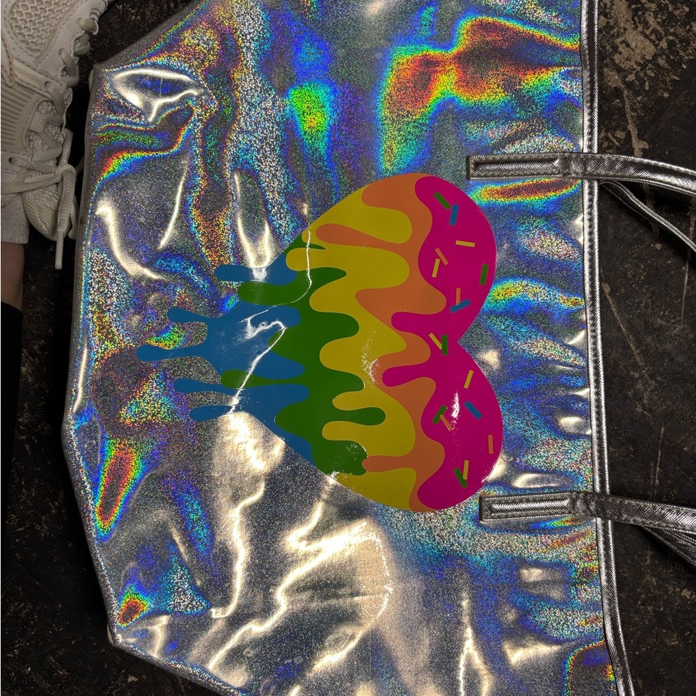 Iridescent Silver Tote with Rainbow Heart